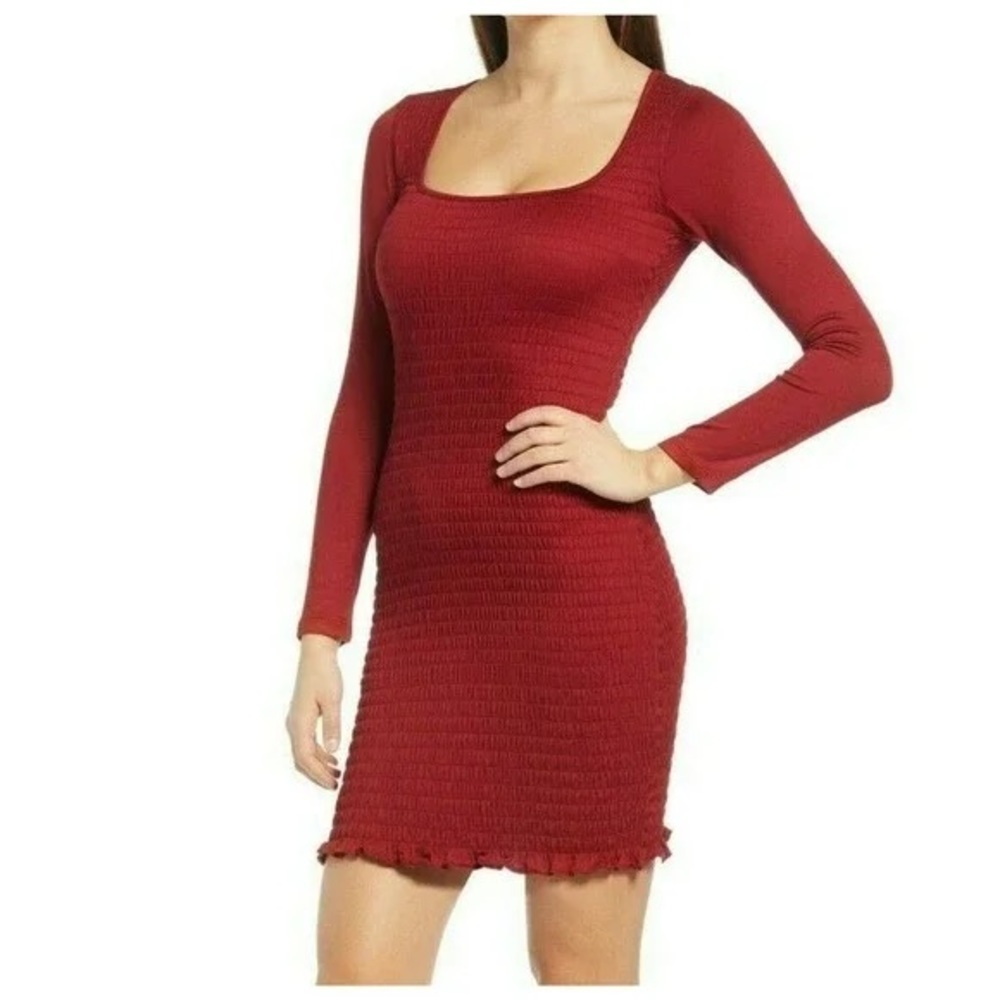 ROW A Deep Red Smocked Square Neck LongSleeve Bodycon MiniDress. NWT.